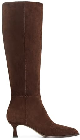DOEYG Brown Suede Knee High Boots for Women Wide Calf Kitten Heel Boots Pointed Toe Stiletto High Heel Tall Boots Fashion Fall Long Boots with Side Zipper, Dark Brown Suede, 5 UK