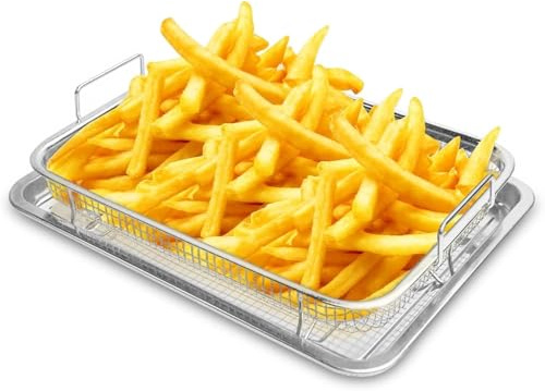 Sonhomay Fritteusenkorb aus Edelstahl mit Tablett, Grillkorb, Luftfritteusen, Pfannen und Crisper-Tablett, Drahtgestell, Bratkorb zum Backen, Grillen, Pommes, Speck, Huhn, 38,1 x 30,5 x 5,1 cm