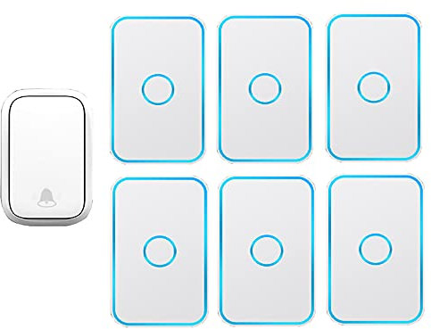 Sonnette sans fil, carillon de porte longue portée de 490 pieds, sonnette électrique sans fil étanche IP44, 1 bouton poussoir et 6 récepteurs enfichables 60 mélodies, 5 niveaux de volume, blanc(Blanc