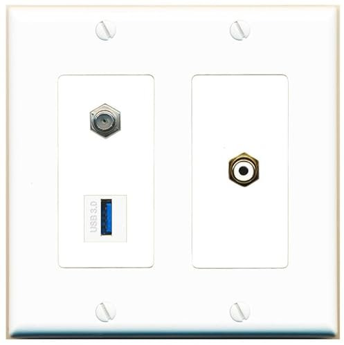 RiteAV Placa de pared coaxial RCA de 2 bandas, 1 puerto, color blanco, USB-3, acoplador hembra-hembra [blanco]