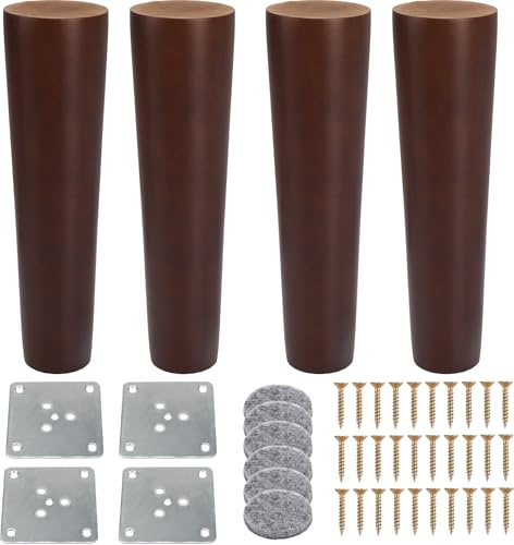 KINDPMA 4PCS Wooden Furniture Legs 18cm Solid Wood Sofa Legs 7inch Chair Legs Table Leg Walnut Furniture Replacement Feet with Mounting Plates Screws Non-Slip Mat for Bed Couch Ottoman TV Cabinet