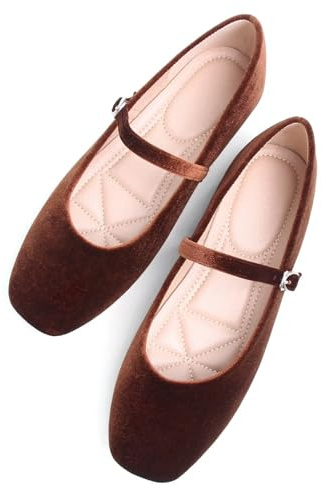 TN TANGNEST Mary Jane Flats for Women Retro Square Toe Ballet Flats Comfortable Buckle Strap Flats Casual Slip On Flats Dark Brown 40(8)