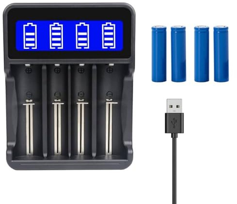 3,7USB Battery Charger + 4 Pack 3500 mAh Flat Top Ni-MH Battery Rechargeable, 4 Bay LCD Display Universal Smart USB Dual Battery Chargers for LED Flashlight, Headlamp, Remote Control, RC Car