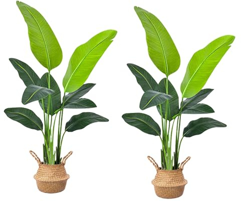 DOKKOME 2 st konstgjord paradisfågel konstgjord växt stor 120 cm konstgjorda växter tropisk palm med 9 blad konst bananträd plast växt palm i kruka dekoration för vardagsrum sovrum kontor