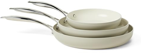 Amazon Basics Batería de Cocina Antiadherente de Cerámica, Juego de 3 Sartenes, Compatibles con Todo Tipo de Fuegos, Aptas para Lavavajillas, Gris Lino