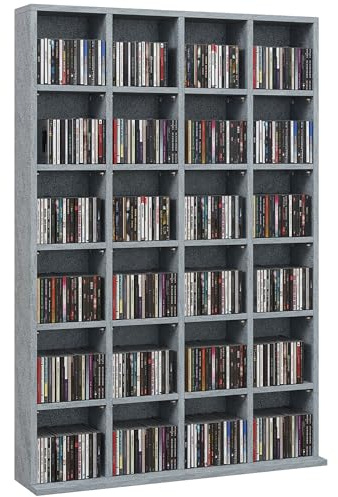 HOMCOM CD- och DVD-förvaring, trähylla med 24 justerbara fack, maxkapacitet 480 CD/312 DVD, medialagringsenhet, 89 x 20 x 130,5 cm, grå