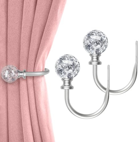 KAMANINA Silver Curtain Holdbacks 2 Pack, U Form Crystal Decorative Curtain Holdback, Wall Mounted Curtain Tieback Hooks for Fixed Curtain or Hanging Items