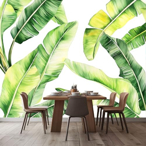 Carta da parati 300 x 210 cm Carta da parati murale non tessuta Elementi tropicali Acquerello Foglie di banano Decorazione murale per la casa alla moda per camera da letto e soggiorno Verde Bianco