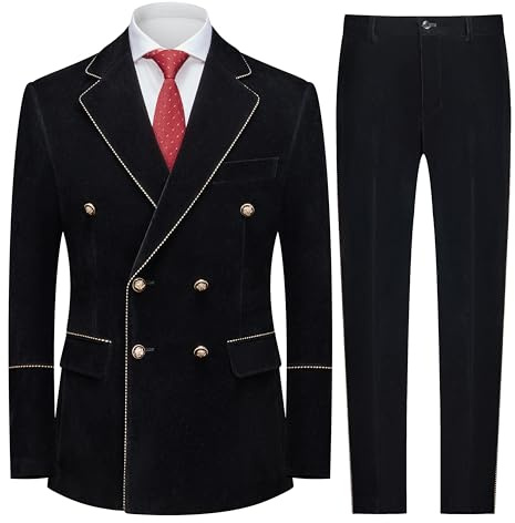 MOGU Men's 2 Piece Velvet Suit Double Breasted Tuxedo Slim Fit Set Gold Buttons Suits Party Casual Formal Size L Black