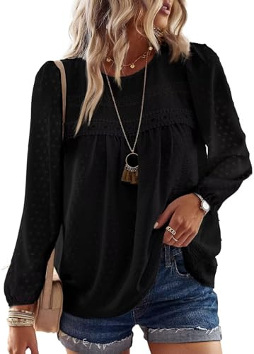 TUUHAW Long Sleeve Tops Women Womens Autumn Blouses for Women UK Crew Neck Swiss Dot Lace Hem Basic Tee Shirts Flowy Chiffon Blouse Clothing Smocked Bardot Bubble Hem Peplum Clothes Black L