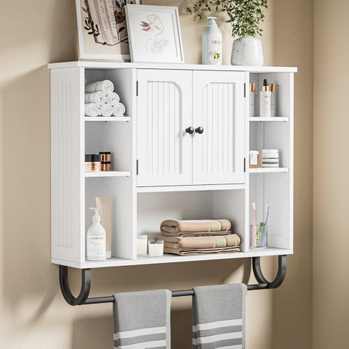 Skokliz Bathroom Wall Cabinets with Towels Bar, wall mounted bathroom cabinet with Doors and Shelves for Laundry Room, Bedroom, Kitchen 80 * 19 * 70CM, White