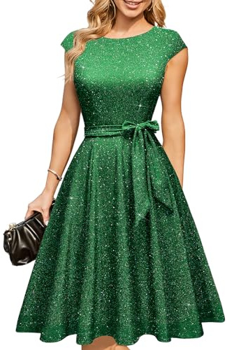 DRESSTELLS Cocktail Dresses for Women Wedding Guest 2025 Sparkly Holiday Prom Party Dress, Sequin Aline Modest Mother of Bride Midi Dress Glitter Green L
