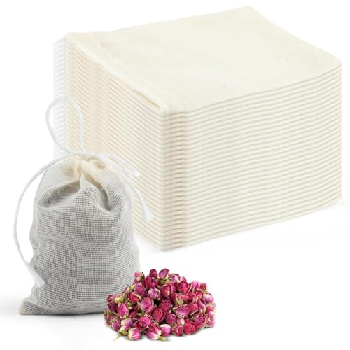 Arvoni 30 Pièces Epices Vides, Sachet the a remplir jetable 15x10cm, Sachet de the, Sacs Filtrants avec Cordon de Serrage, Mousseline de Coton pour Épices Thé Café Herbes Cuisine