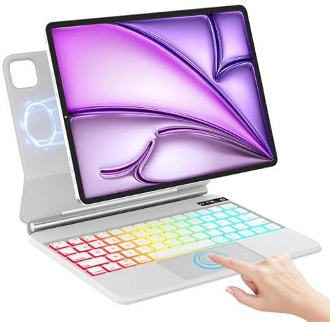 IVEOPPE Clavier iPad Air 11 (M2 2024/M3 2025)/Air 5/Air 4/Pro 11 (4/3/2/1 Gen), Flottant Magnétique Conception Clavier avec Touchpad, Rétroéclairage 7 Couleurs, AZERTY Étui Keyboard Magnétique, Blanc