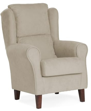 Abuelo a Gusto – Sillón Orejero Venecia con Respaldo Doble Acolchado y Sentada Corta. Tapizado en Tela Antimanchas y Patas Nogal. Ideal para Hogar o Personas Mayores (109x74x89 cm) [Beige]