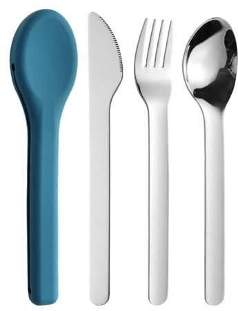 Cubiertos de camping de acero inoxidable – Juego de utensilios de viaje portátiles con tenedor, cuchara y cuchillo, reutilizable y ahorra espacio | Práctico arnés para mochileros, excursiones, picnics