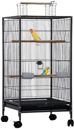 Vogelkäfig aus Metall mit 360° Rollen, Außenvoliere Zuchtkäfig für Papageien mit Spieldach, Rollständer & Herausnehmbares Tablett, Vogelvoliere Vogelbauer mit 3 Sitzstangen, 46 x 46 x 102 cm