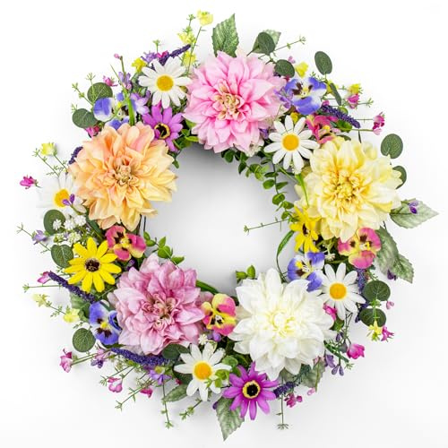 VioletEverGarden 22 Inch Spring Wreaths for Front Door Colorful Spring Wreath Artificial Floral Wreath with Dahlia Daisy and Butterfly Flower for Indoor Outdoor Holiday Celebration