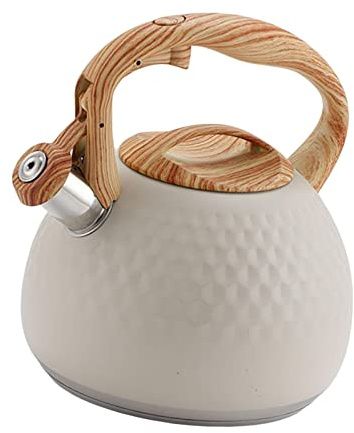 YunJove Stovepot Teapot Hervidor Tetera Silbato Acero Inoxidable Mango Madera Fácil Verter Función Apta para Cocina de Gas Oficina Reuniones Familiares Entret, Beige, Individual