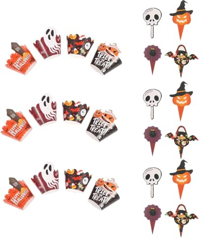 Générique Décorations Halloween pour Cupcakes 48 Pièces, Emballages Papier Citrouille et Crâne, Pics à Cupcakes Fantôme et Araignée, Accessoires Fête Effrayante pour Gâteaux et Muffins,