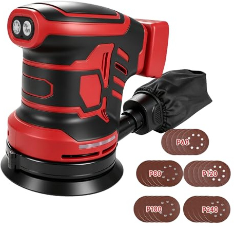 Batteridriven excenterslip för makita 18 V, 125 mm slipmaskin för trä med dammutsugning, 25 slippapper, 6 hastigheter 2 1000 varv/min för träbearbetning slipning (röd, för milwauke)