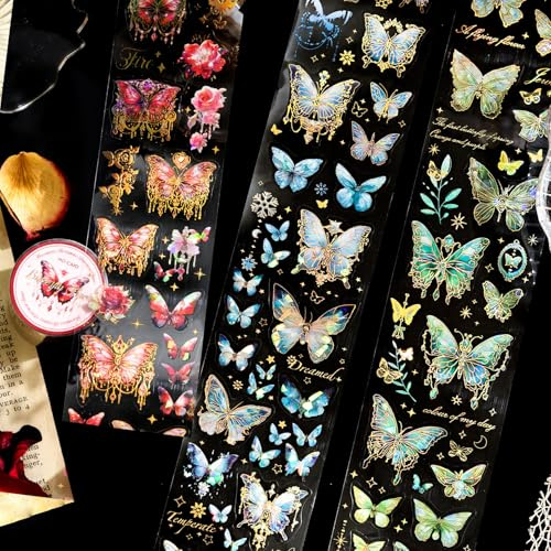 Schmetterling-Washi Tape Stickers, 3 Rollen Transparente PET Scrapbook Sticker, Journaling-Zubehör für Scrapbook, Tagebücher, DIY-Handarbeit und Kreative Dekorationen (Schmetterling A)