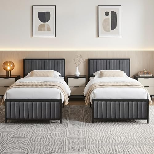 VECELO 2er-Set Polsterbett 90x200 cm, Bettgestell mit gepolstertem Kopfteil und Metall-Lattenrost, 32 cm Stauraum unter dem Bett, kein Boxspring nötig, stabil, für Erwachsene und Jugendliche, Grau