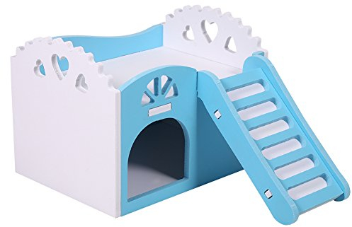 Hamster Haus Doppeldecker Haustier Haus mit Treppe Nest Übung Spielzeug Kunststoff Holz Eckhaus für Eichhörnchen Gerbils Hamster Kleine Tiere, 15 x 11 x 11 cm (blau)