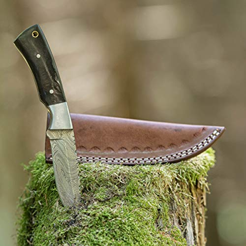 elToro Steel Horn - Damast - Jagdmesser - 10cm - inkl. Lederscheide; Messer für Camping, Outdoor, Survival, Wald und Forst