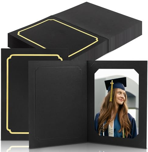 Golden State Art, Pack of 100, 4x6/5x7 Photo Folders, Cardboard Picture Frame, Paper Frame Cards, Greetings/Invitation Special Events: Graduation, Christmas, Wedding (Black Gold Lining)