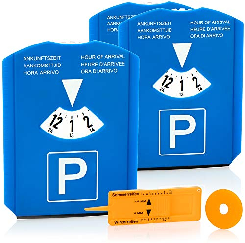 com-four® 3X Parkscheibe mit Eiskratzer, Gummilippe und Einkaufswagenchip und Reifenprofilmesser - Parkuhr aus Kunststoff (03 Stück - Parkscheibe mit Chip+Profilmesser)