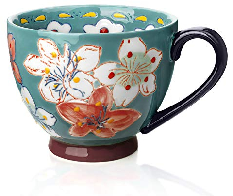 Awanber Ceramic Coffee Mug, Big Size Flower Hand Made Coffee Milk Tea Cup - Best Birthday Christmas Gifts for Women, Girls - Mother's Day Gifts for Mom, Wife, Daughter, Friend - Lake Blue