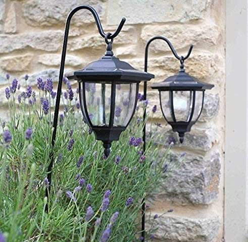 Garden Mile 2 x Black Shepherds Crook Hanging Victorian Coach Lamp Lantern Solar LED Lights Post Lights Traditional Outdoor Garden Lighting