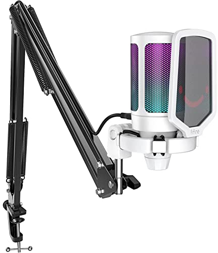 FIFINE USB Mikrofon PC Gaming mit Arm, Microphone weiß für MAC PS4 PS5 mit Stummschalttaste, Popfilter, Shock Mount für Streaming Podcast Studio