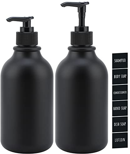 Segbeauty Lotion Dispenser, 2Stück 500ml Schwarz Seifenspender Set für Shampoo Flüssigseife Duschgel, Spülmittelspender zum Befüllen mit Etiketten, Nachfüllbar Plastikflasche für Küche Bad-Runddüse