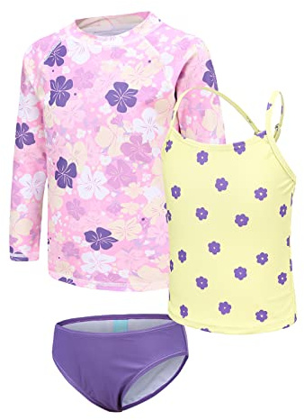 Maillot de Bain Fille 3 pièces Tankini Enfant Rashguard Manche Longue 13-14 Ans