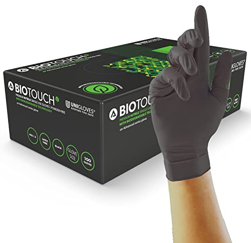 Unigloves BioTouch Nitrile Disposable Gloves - Biodegradable, Multipurpose, Medical Grade Examination Gloves - Box of 100 Gloves, Black, Large (GM0094)