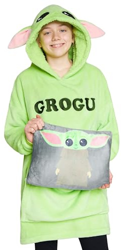 Disney Pläd tröja för barn, 2 i 1, överdimensionerad fleecetröja och Stitch-kudde, en storlek, barn, tonåring, Baby Yoda grön, One size
