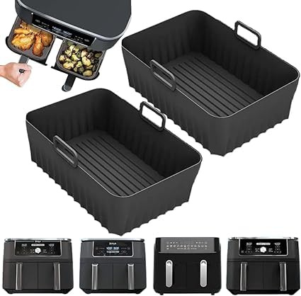 Silicone Air Fryer Liner 2-Pack for Ninja Duel AF451UK/AF400UK 9.5L /Tower T17088/Instant Vortex/Salter and All 8.5-9.5 Litre Dual Air Fryers, Ninja Double Stack Compatible