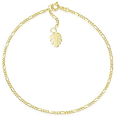 Fußkette Figaro Breite 2mm mit kleinem Blatt | aus echt 585 Gold | hochglanzpolierte Fußkette | Echtgold mit Federringverschluß