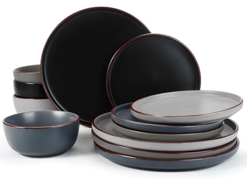Famiware Mercury Plates and Bowls Sets, 12 Pieces Stoneware Dinnerware Sets, Dishes Set for 4, Microwave and Dishwasher Safe, Multi-color