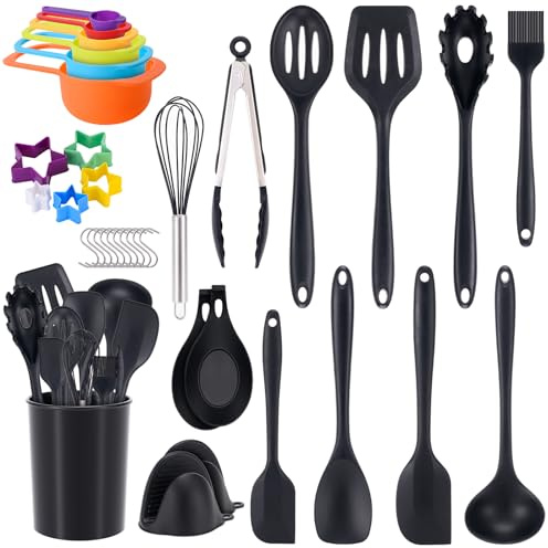 Silikon Küchenhelfer Set,ECCOGREAT 36 Stück Antihaft Kochbesteck Set Hitzebeständiger Kochgeschirr mit Utensilienhalter,Gesund und Antihaft,Spülmaschinenfest