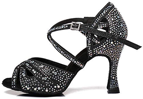 AOQUNFS Tanzschuhe Damen Latein Strass Stöckelschuhe Glitzer Salsa Tango Bachata Samba Party Hochzeit Ballsaal Tanz Schuhe,L390-Schwarz-7.5,EU39