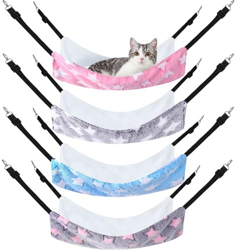 Geelin 4 Pcs Cat Hammock for Cage Hanging Soft Pet Hammock Bed with Adjustable Straps and Metal Hooks Double Sided Bed for Large & Small Cats Ferret Rat Sugar Glider Puppy(Large Star,16 x 20 Inch)