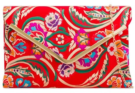 UShopUK Bolso de mano de satén floral multicolor para novia, graduación, boda, noche, fiesta, bolso de mano, Red, medium