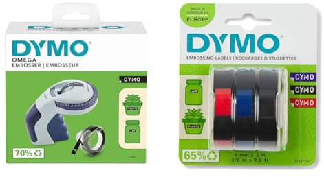 DYMO Omega Prägegerät | kleines Beschriftungsgerät mit Dreh-klick-System und ergonomischem Design | für zu Hause und für Bastel- und Hobbyprojekte £/€ & Original Prägeband | 3D schwarz | blau