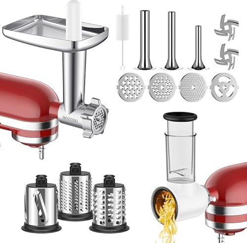 HOZODO Meat Grinder & Slicer Shredder Attachments for KitchenAid Mixer | 2-Pc Attachment Set Includes Metal Meat Grinder, Sausage Stuffer Tubes & Cheese Grater for KitchenAid Mixers