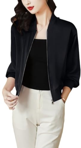 LCDIUDIU Schwarze Satin Bomber Kurzjacke für Damen, leichte, langärmlige, Schlichte Baseballjacke mit Reißverschluss, lässige Übergangsjacke, Mantel, Piloten Fliegerjacke, Oberteil, Schwarz, XL