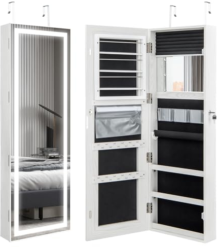 COSTWAY hängande smyckesskåp, spegelskåp, låsbart med trefärgad LED-belysning och innerspegel, sminkskåp, väggmonterat för sovrum, omklädningsrum, vit