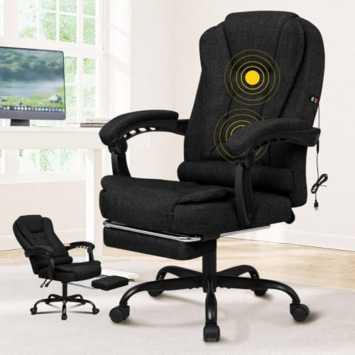 ALFORDSON Chefsessel Bürostuhl Massage Schreibtischstuhl 150°-Neigung, Computerdrehstuhl, ergonomischer Drehstuhl Ausziehbare Fußstütze, höhenverstellbarer,belastbar 180 kg, Leinen, Schwarz